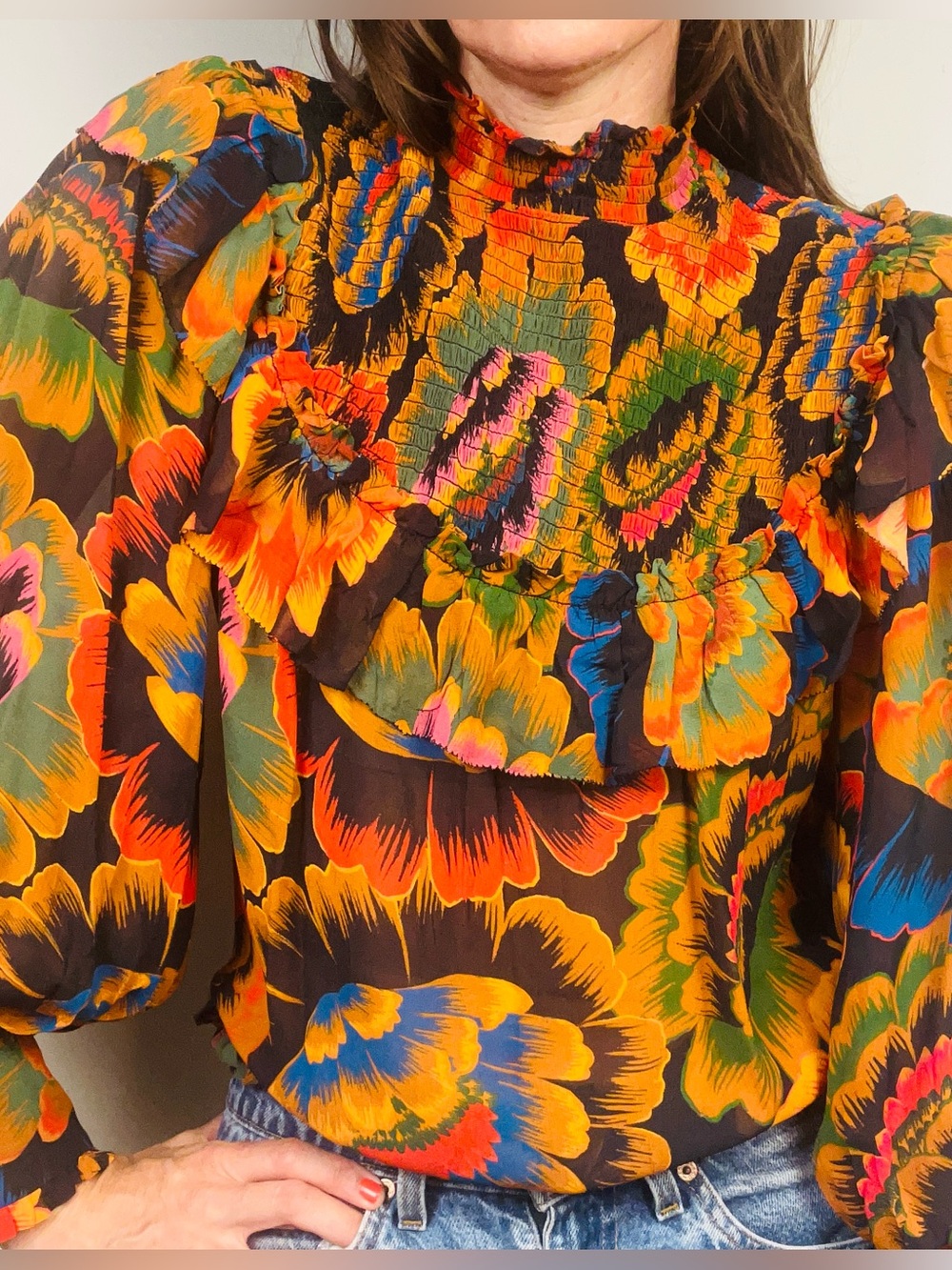 FARM Rio Colorful Floral Smocked Ruffle Blouse – Vibrant Botanical Print – M